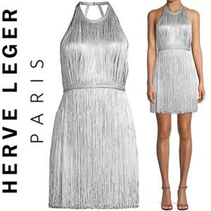 Herve Leger Silver Fringe Dress